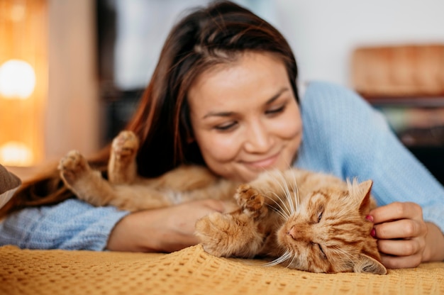 Free Photo owner petting adorable cat