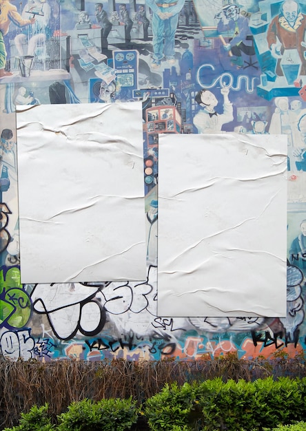 Free photo pack of crumpled posters on a graffiti wall background