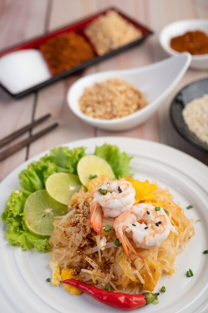 Pad Thai fresh shrimp in a white plate.