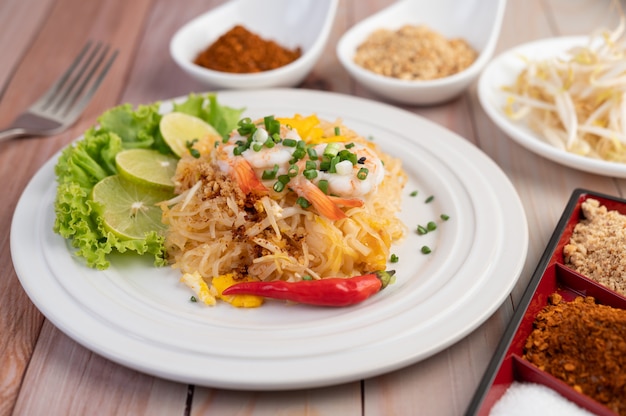 Pad Thai fresh shrimp in a white plate.