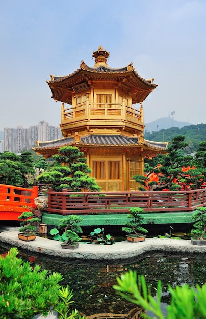 Pagoda style Chinese architecture in garden in Hong Kong.