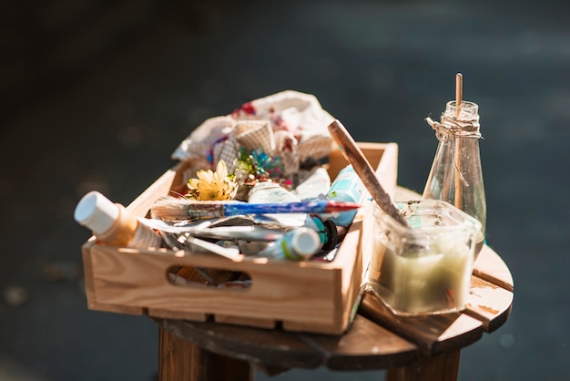 Paint materiales on wooden table