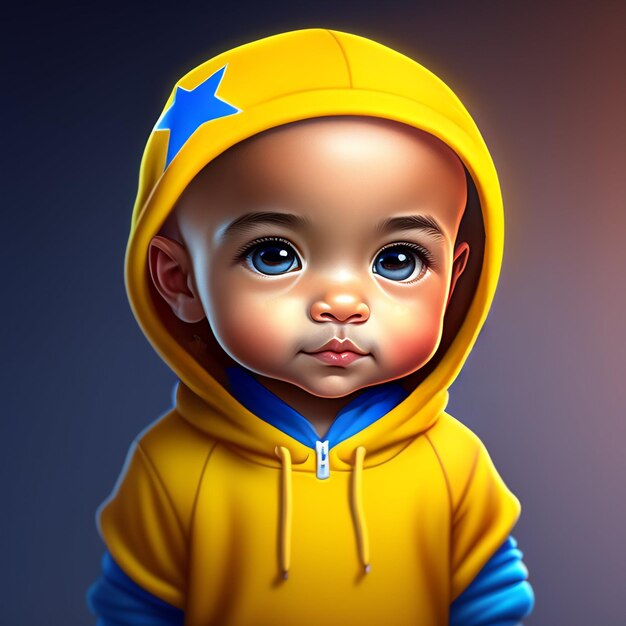 A painting of a baby wearing a yellow hoodie with a star on it.