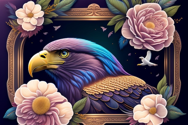 A painting of a bird with flowers and a frame that says'eagle '