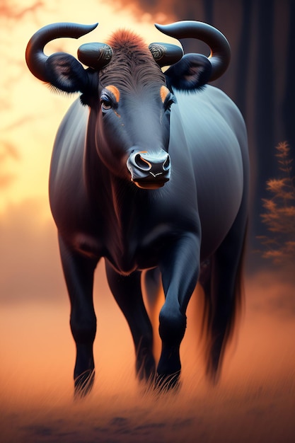 A painting of a black cow with orange markings on its face