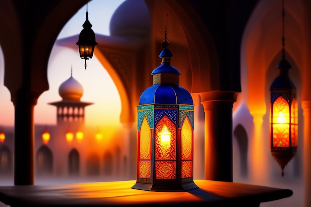 Free Photo a painting of a blue lantern in front of a mosque.