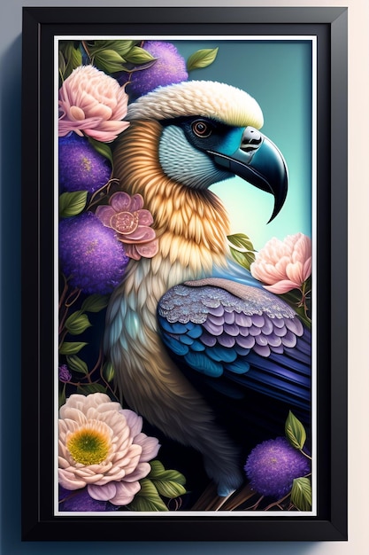 Free photo a painting of a blue and yellow bird with a black beak and flowers.