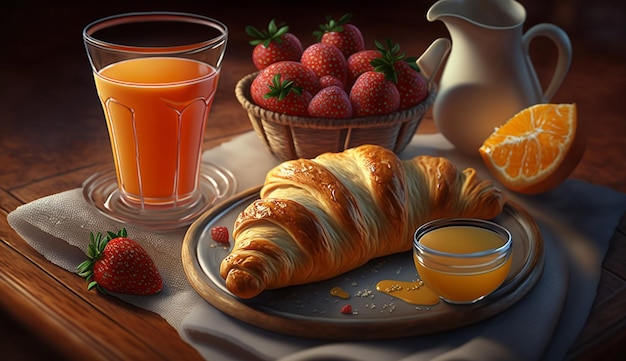 Free Photo a painting of a breakfast with a croissant and a basket of orange juice.