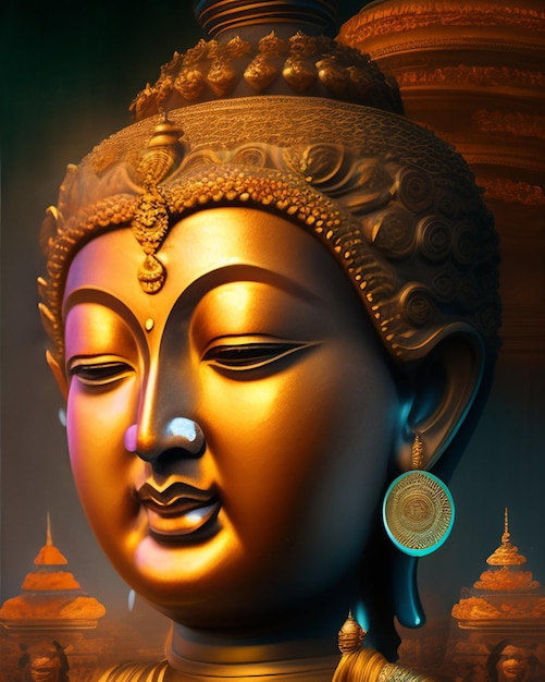 Free Photo a painting of a buddha head with gold accents.