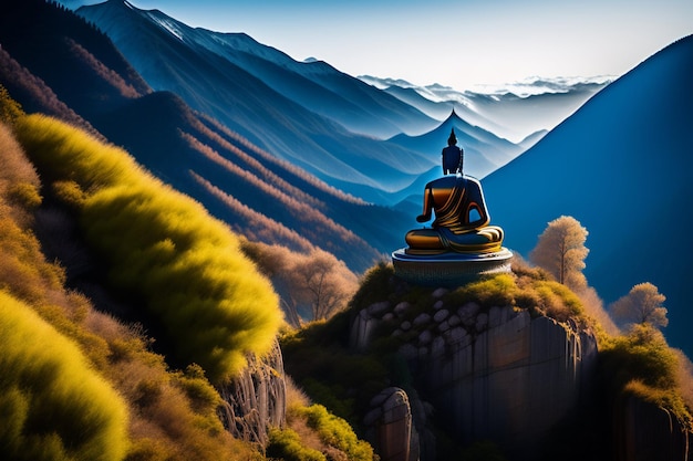 Free Photo a painting of a buddha on a mountain