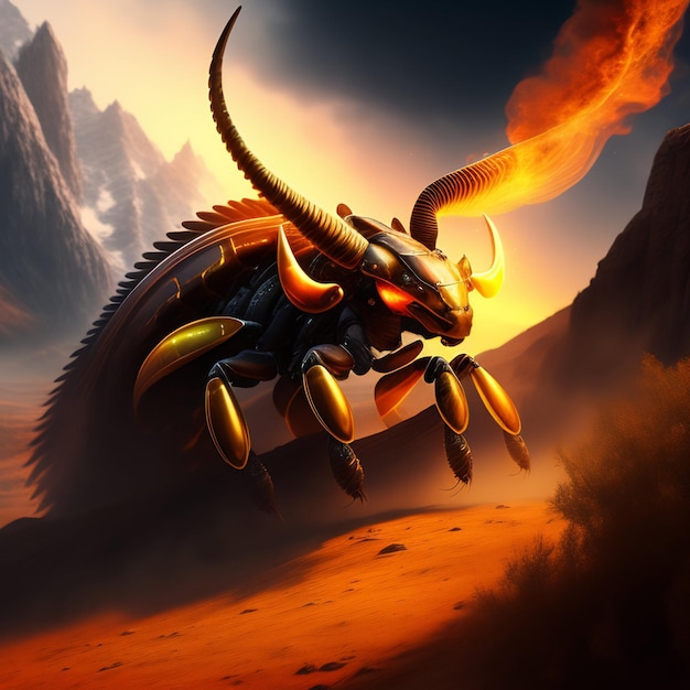 Free photo a painting of a bug with horns and horns with a sunset in the background.