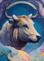 Free photo a painting of a bull with a blue background and the word taurus on it.