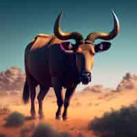 Free photo a painting of a bull with horns and a blue sky in the background.