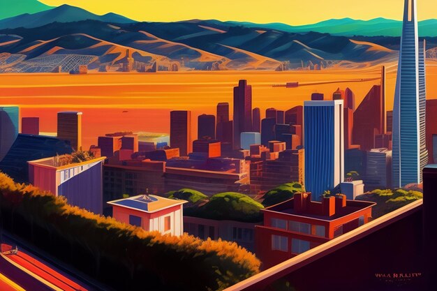 A painting of a city with mountains in the background