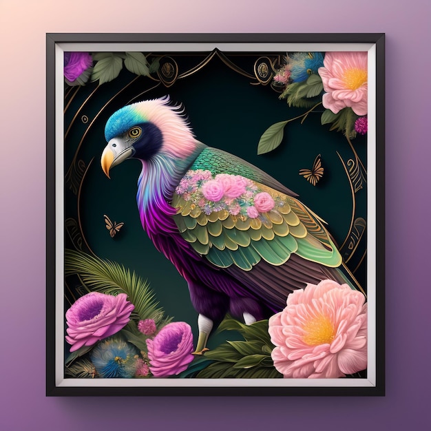 A painting of a colorful bird with pink flowers on the background.