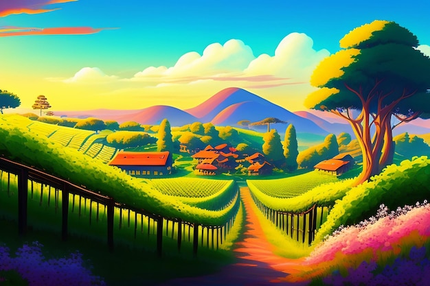 A painting of a farm with a pathway leading to the mountains.