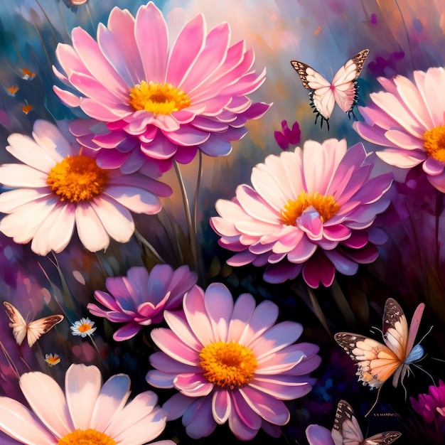 Free Photo a painting of flowers with a butterfly on the top