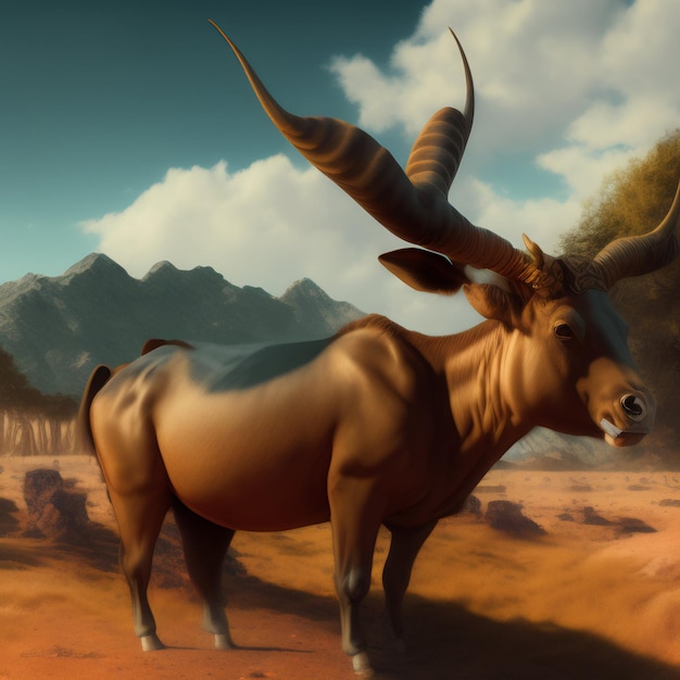 Free photo a painting of a horned animal with mountains in the background.