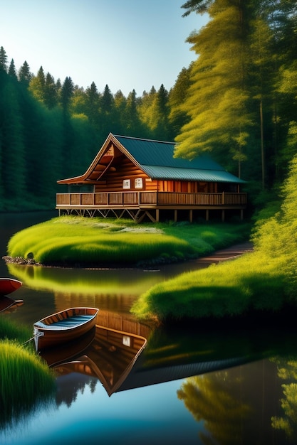 Free photo a painting of a house on a lake with a boat in the water.