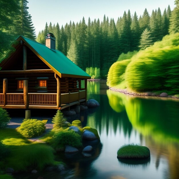 A painting of a house with a green roof and a lake in the background.