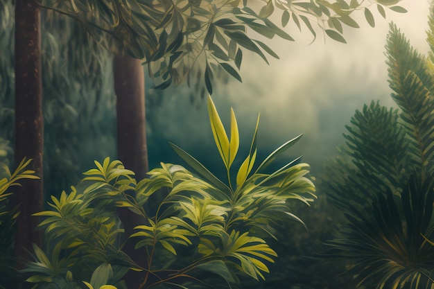 A painting of a jungle scene with a green plant and a green leafy plant.