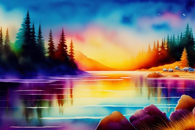 A painting of a lake with a sunset and trees in the background.