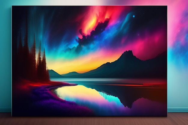 A painting of a landscape with the auroras on it