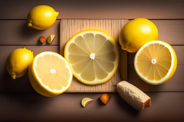 A painting of lemons and a knife on a wooden board