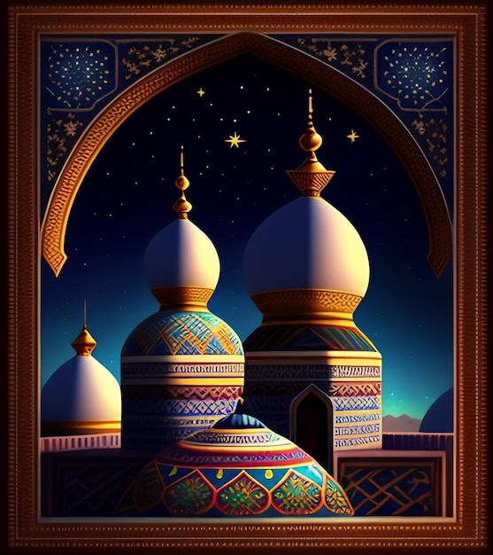 Free Photo a painting of a mosque with a blue sky and stars.