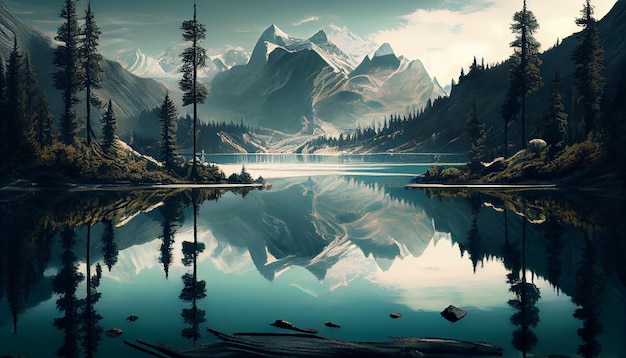 A painting of a mountain lake with a mountain in the background