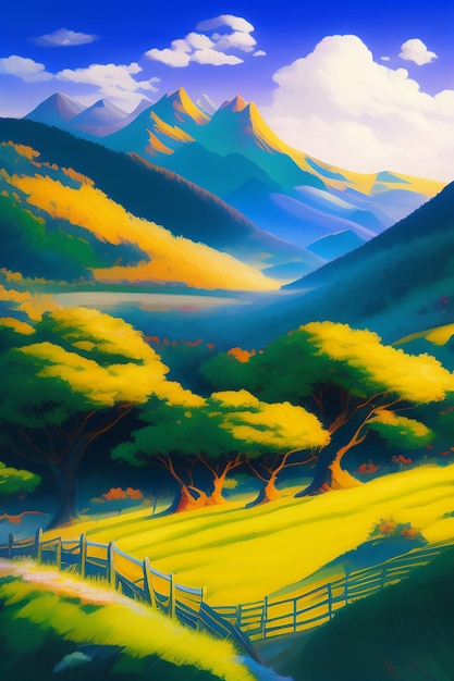 A painting of a mountain landscape with a fence and trees.