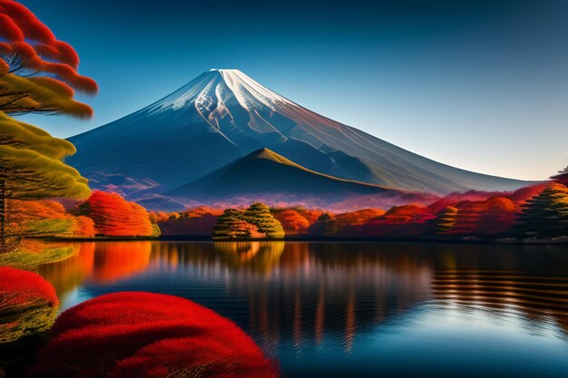 A painting of a mountain with a red flag and a small house on the water.