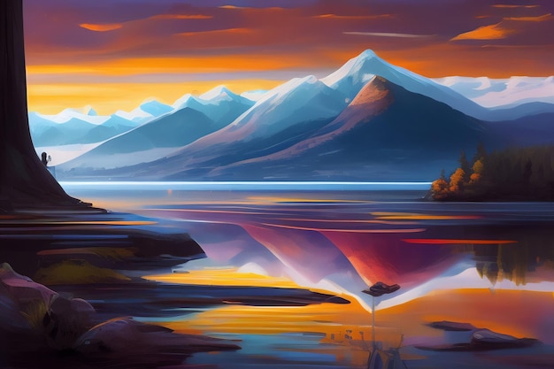 Free photo a painting of mountains and a lake with a sunset in the background.