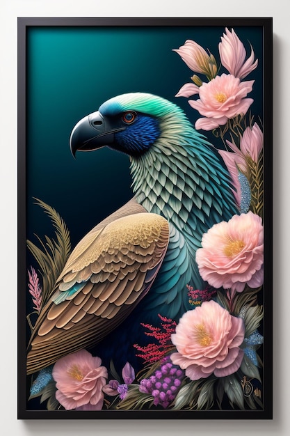 Free photo a painting of a parrot with flowers on the bottom