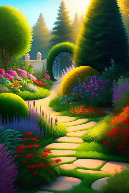 A painting of a path leading to a garden with flowers.