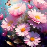 Free photo a painting of pink flowers with a butterfly on it