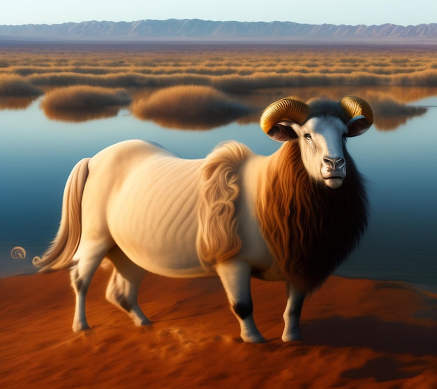 Free photo a painting of a ram with horns stands on a beach.