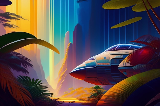 Free photo a painting of a spaceship in a jungle with a jungle background.