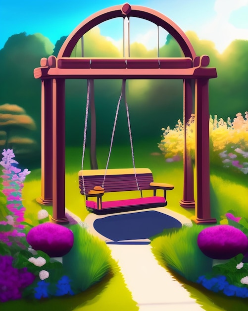 Free photo a painting of a swing in a garden with a pink bench.