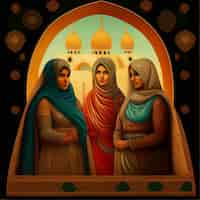 Free photo a painting of three women in front of a mosque.