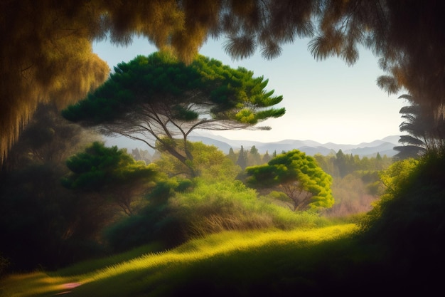 Free photo a painting of a tree in a field with mountains in the background.