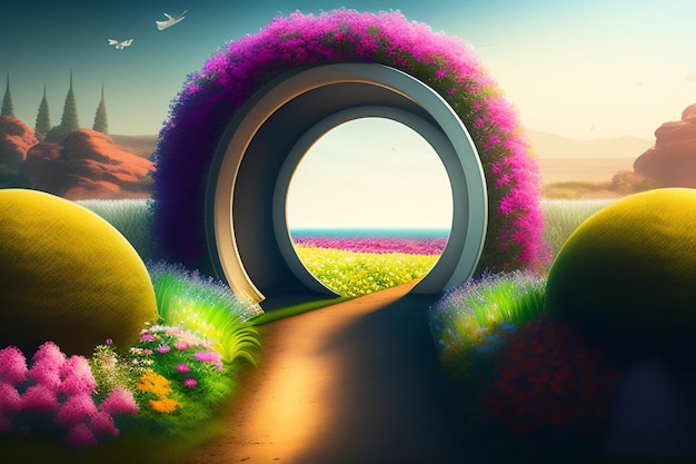 A painting of a tunnel with a purple flower field in the background.