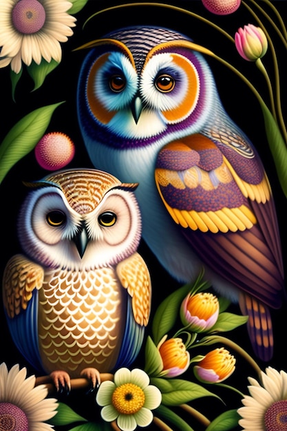 Free photo a painting of two owls with yellow eyes and a red ball in the background.