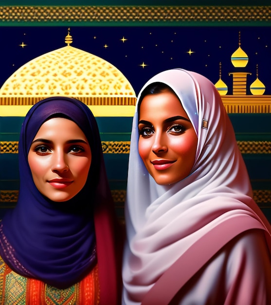 A painting of two women in front of a mosque.