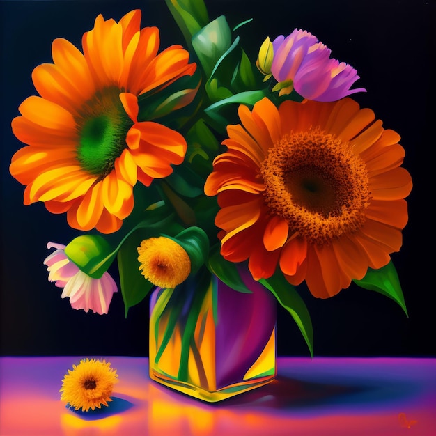 Free Photo a painting of a vase of flowers with a yellow flower in the middle.