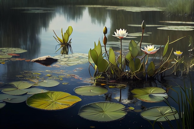 A painting of water lilies in a pond with a sunset in the background.