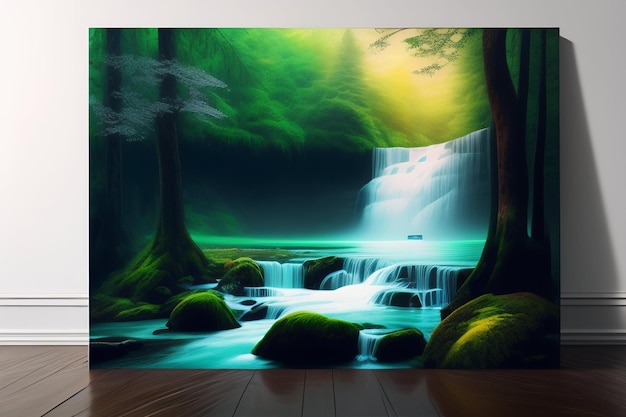 Free Photo a painting of a waterfall in a forest with a green background.