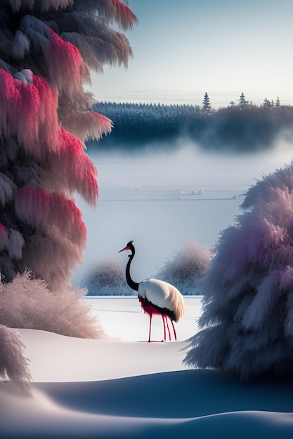 Free photo a painting of a white crane with red leaves and a white bird in the foreground.