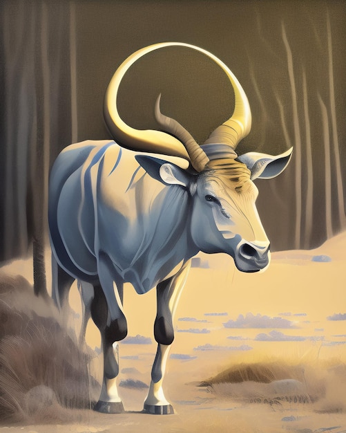 Free photo a painting of a wildebeest with large horns and a dark background.