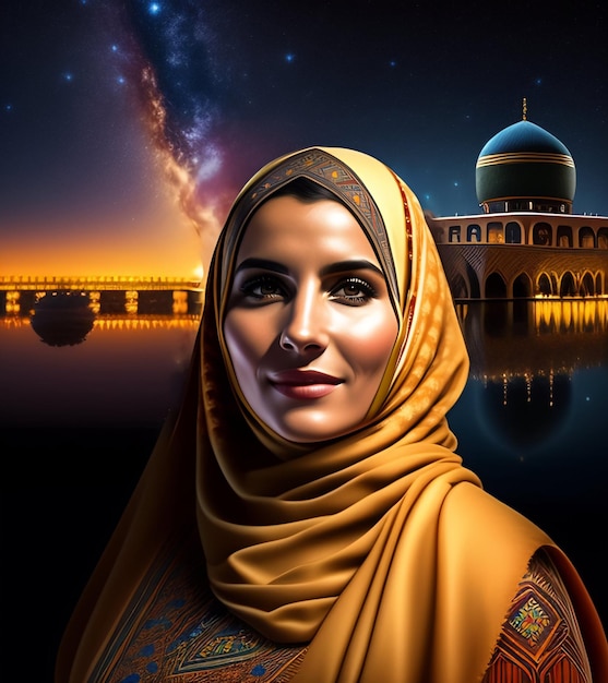 A painting of a woman wearing a yellow hijab and a blue and white star is in the background.